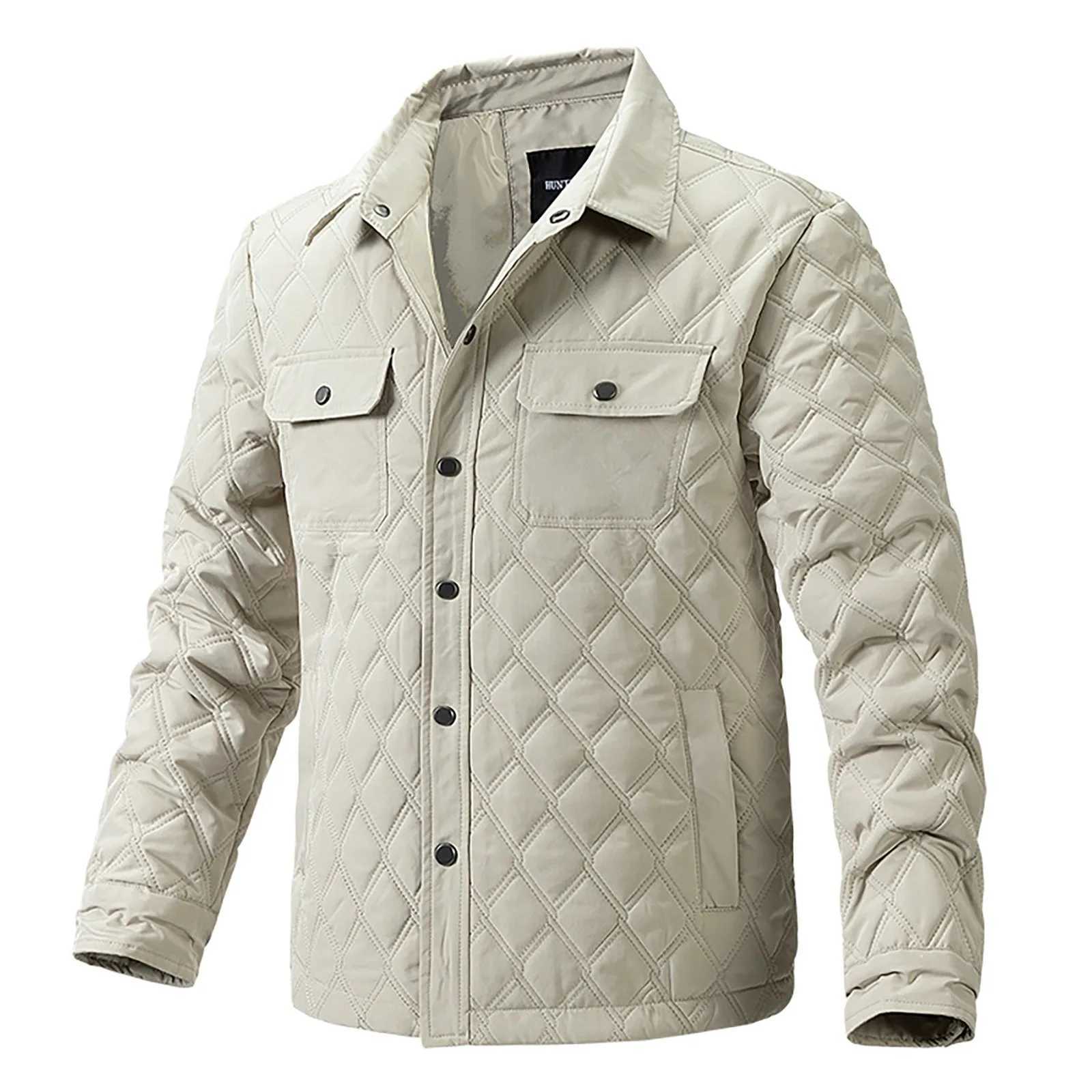Diamond Plaid Casual Jacket Mens Autumn And Winter Padded Coats Double Pocket Lapel Cardigan Button Long Sleeve Hoodless Jackets LX241018