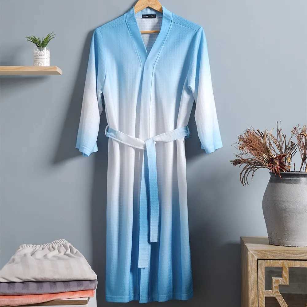 Gradient Men Waffle Robe Soft Kimono Gown Sleepwear Loose Bathrobe Gown Male Casual Nightwear Oversize Home ClothesXJ241018