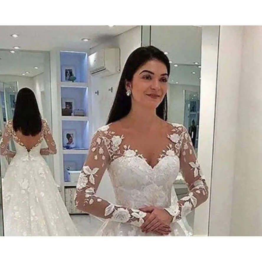 White Women Wedding Sexy Dress Deep V-Neck Long Mesh Lace Sleeve A-E Pleated Or-Length Dresses Es 0417 es