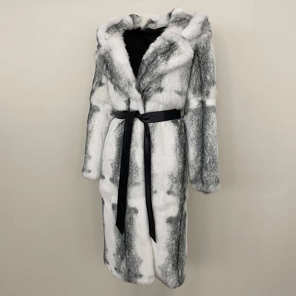 Fox 2024 Autumn Winter Urious Thickened Warm Hooded Real Rabbit Women Long Natural Fur Coat