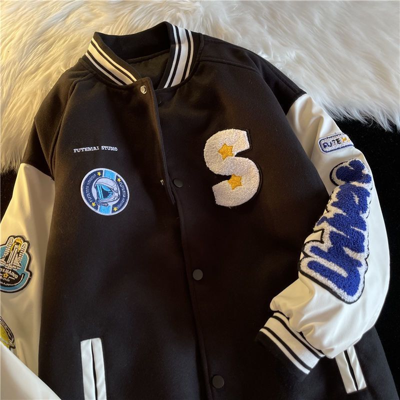 Street Style Patch Letter Embroidered Woolen Baseball Uniform Autumn And Winter Loose Simple Casual Jacket Couple Coat Tops