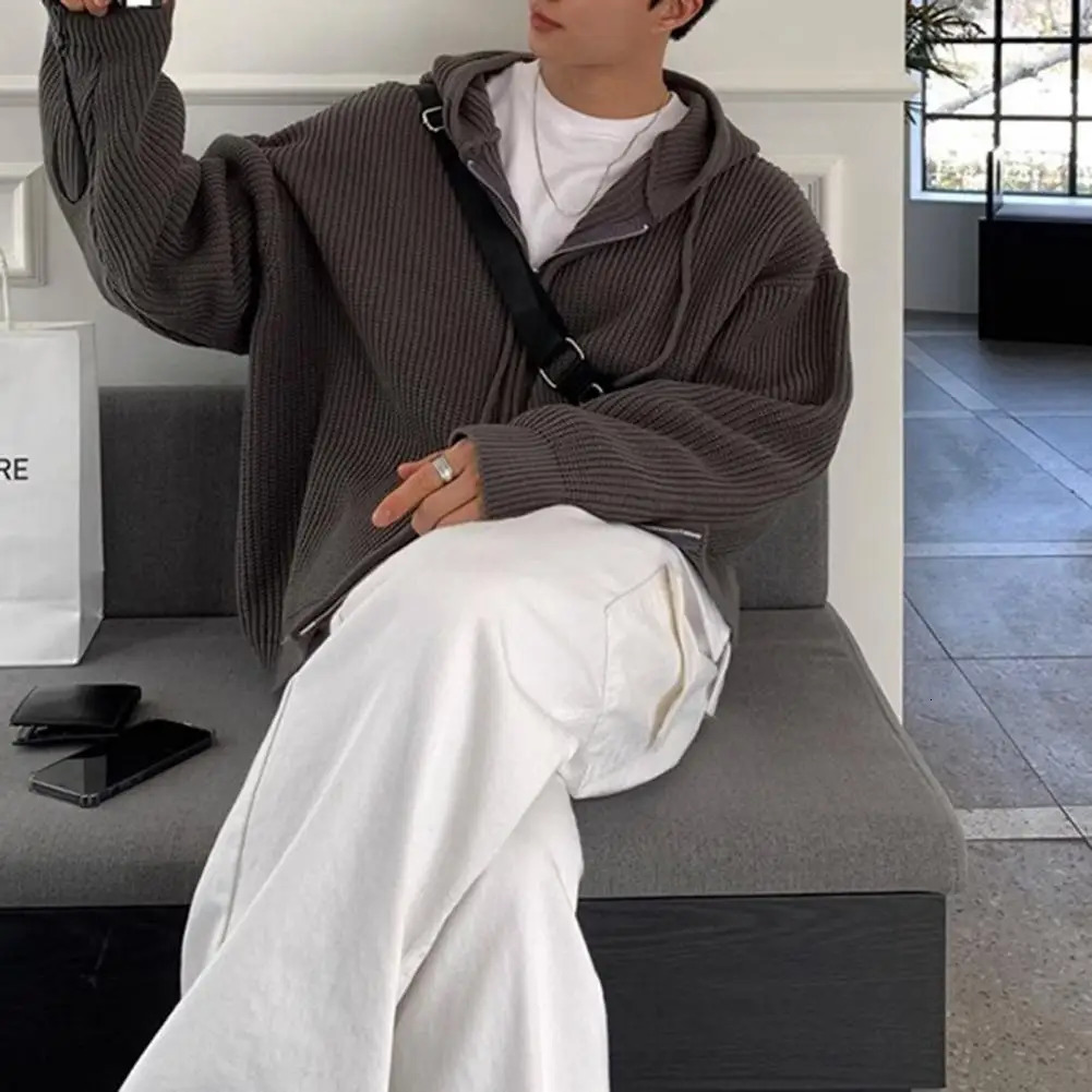 Men Fall Winter Sweater Coat Hooded Drawstring Loose Zipper Closure Long Sleeves Retro Knitted Jacket 241018