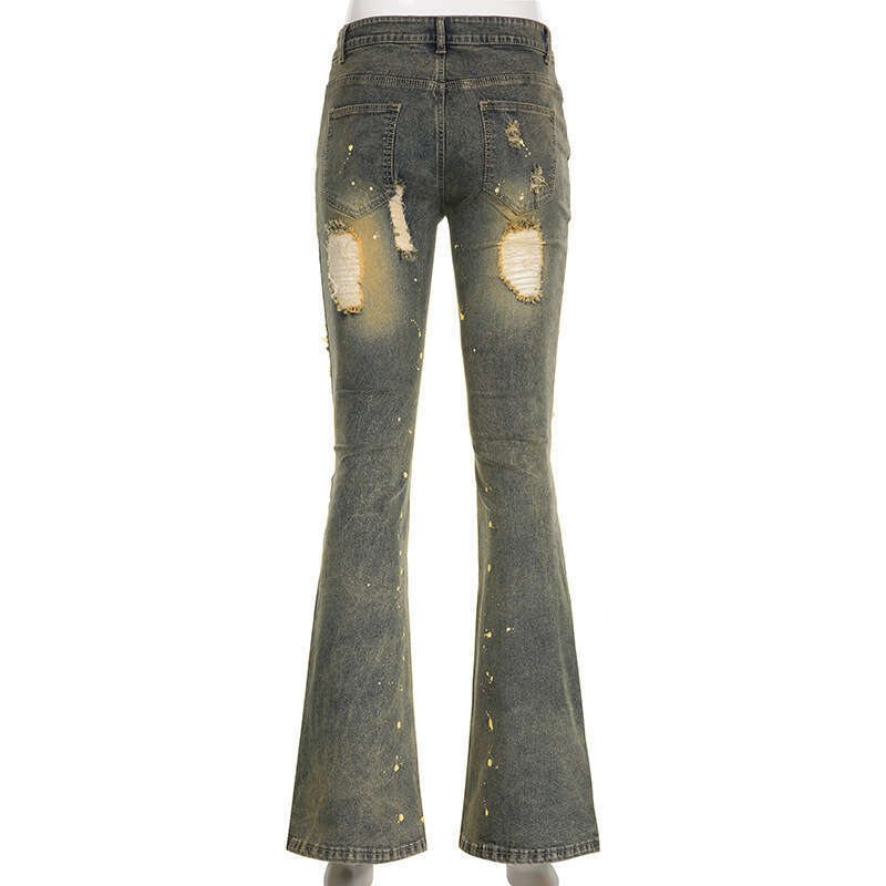 Vintage Ripped Flare Women Sexy Low Waisted Lace-Up Washed Jean Pants Y2k Denim Trouser Old Worn Out Trend Slim
