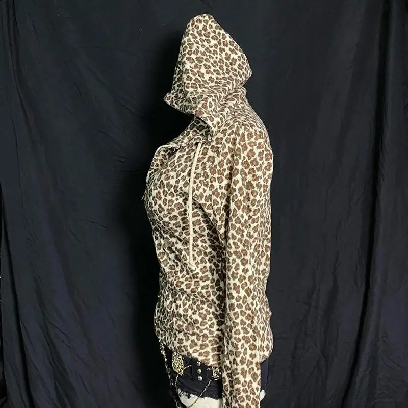 Y2K Zip up hoodie Harajuku Leopard print High street Grunge Goth Fashion Zipper Hoodie sweatshirt Retro Punk Casual Hip Hop Top 241017