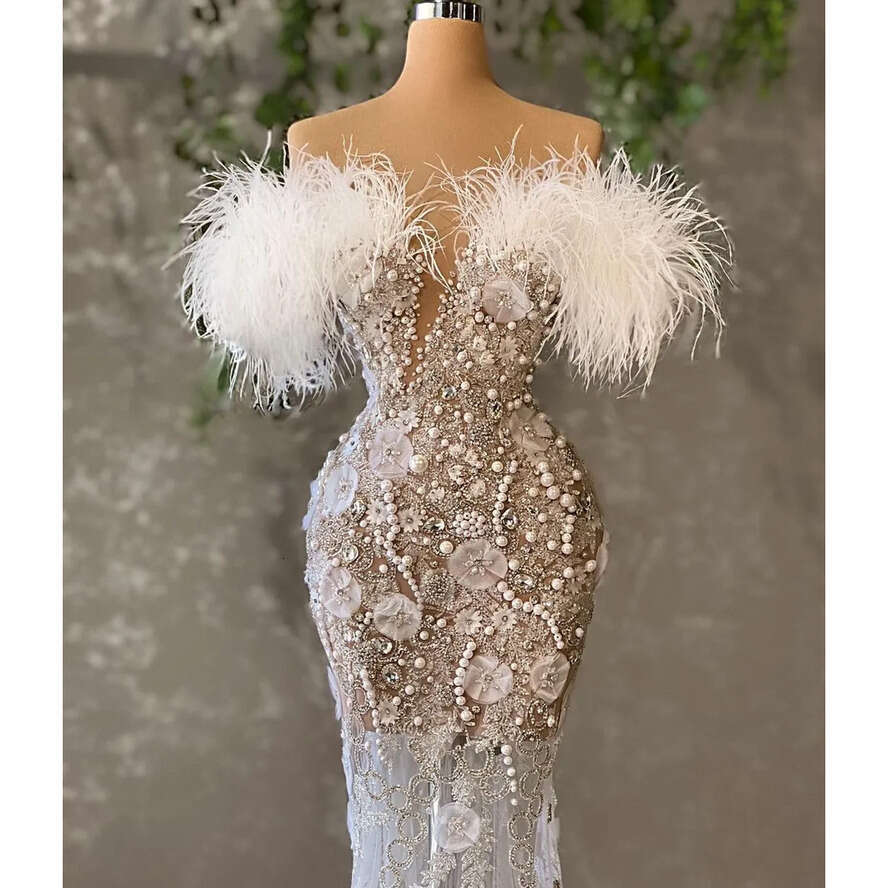 Arabic Aso Size Plus Ebi Urious Lace Beaded Wedding Dress Feather Sweetheart Bridal Gowns Dresses ZJ es