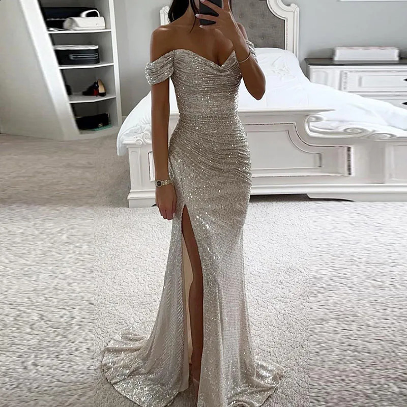 Womens slanted neck high score style evening dress with sequins shark slim fit buttocks long dress spring and summer shoulder hollow long dress 241017