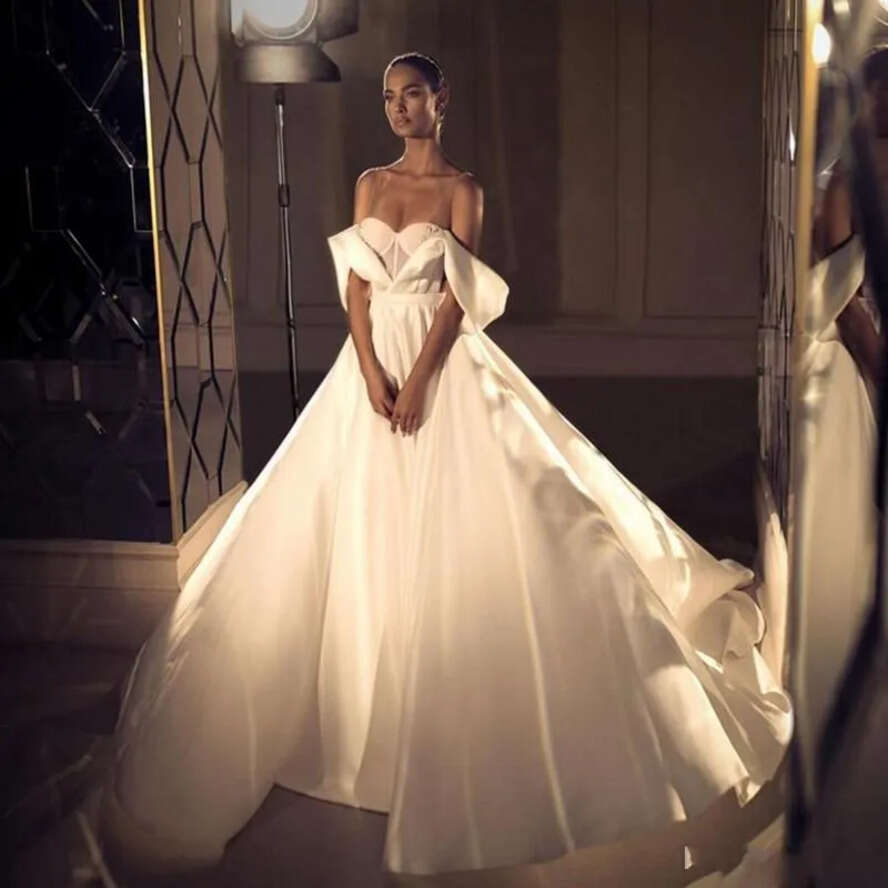 Backless E Satin A Dresses With Detachable Train Off Shoulder Front Split Vestidos De Novia Plus Size Bridal Gowns Wedding Dress