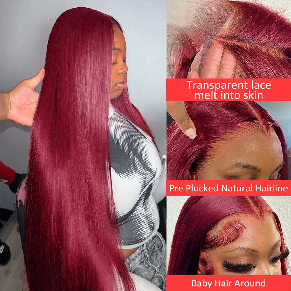 13x6 Silky Straight Lace Front Human Hair Wig For Women Pre Plucked 99J Burgundy Colored Lace Frontal Human Hair Wig Hot Selling