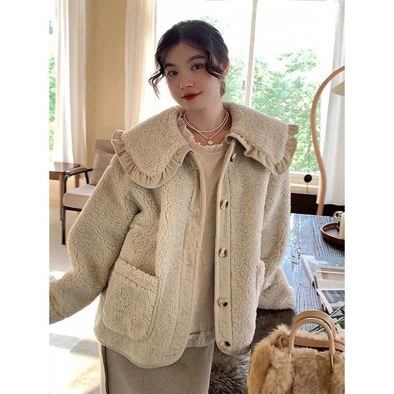 MEXZT Sweet Lamb Wool Coat Women Kawaii Peter Pan Collar Plush Jackets Korean Cute Thick Ruffled Patchwork Chic Outwear Tops NewX241018