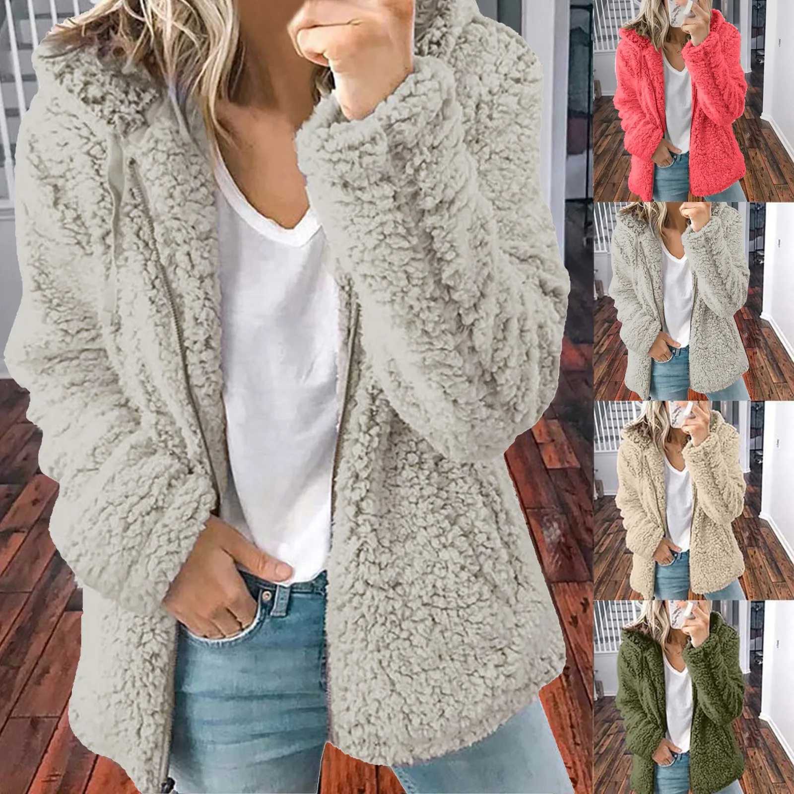Women Fleece Hooded Sweater Solid Lamb Cashmere Cardigan Jacket Coat Ladies Casual Plush Autumn Winter Long Sleeve Cotton TopsX2410