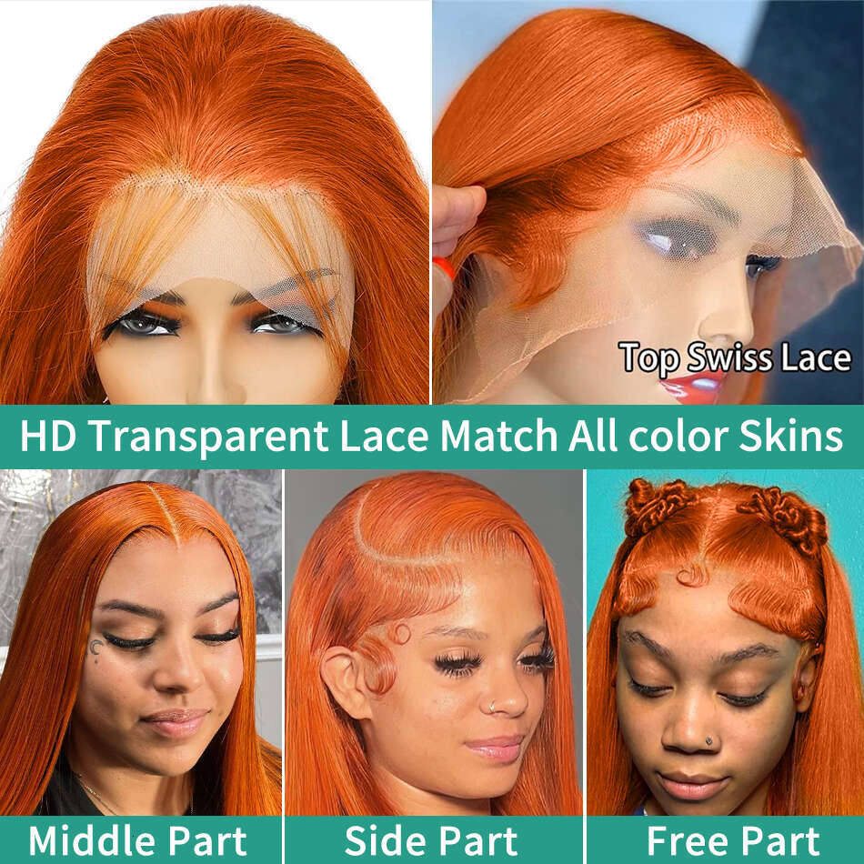 220% 30 38 Inch Ginger Orange Bone Straight 13x6 Front Human Hair Wig 13x4 HD Transparent Lace Frontal Wigs