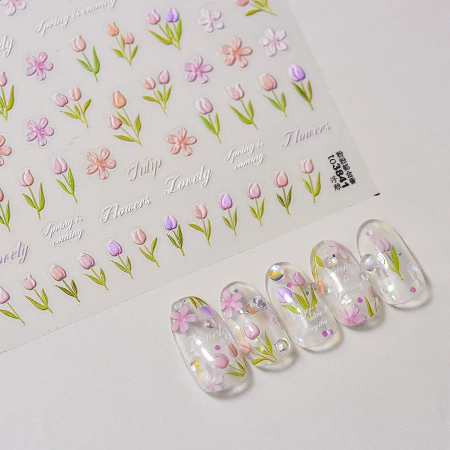 1PCS Pink Tulip Flower 5D Nail Stickers Cute Jelly Embossed Relief Mini Flower Nail Art Stickers Nail Decorations Supplies Parts 241017
