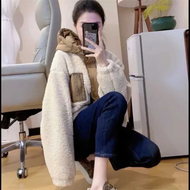 Fashion Ladies Hooded Baseball Jacket Winter Female Zipper Lamb Wool Coat Women Splicing Together TopsX241018