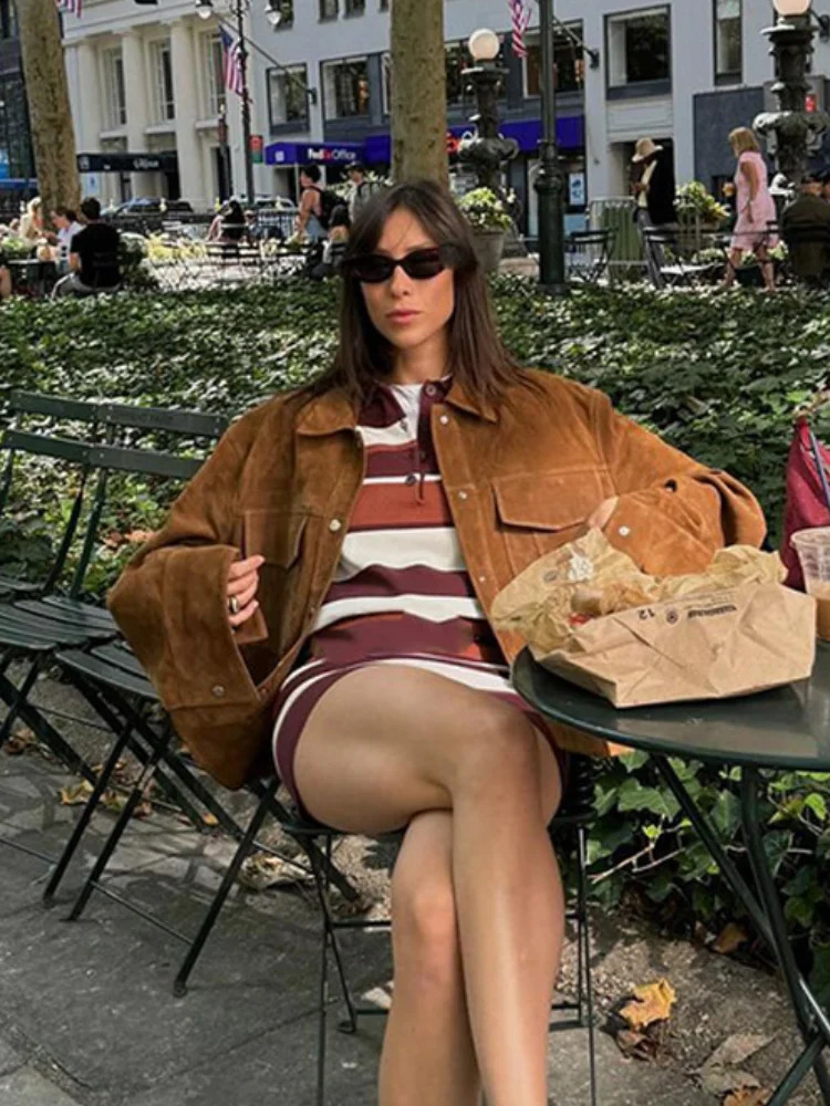 Women Chic Brown Casual Suede Jackets Lapel Long Sleeve Single Breasted Pockets Coats Solid Autumn Office Female Commuting Top 241017