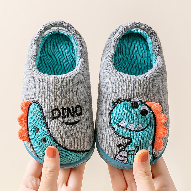 Baby cotton slippers for 1-3 years old and 2-year-old children, anti slip indoor home for infants and young children, dinosaur children's fur sli