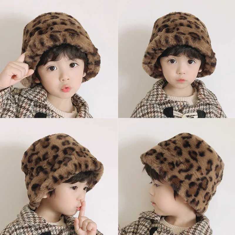 Korean Winter Baby Plush Bucket Hat Solid Faux Fur Warm Kids Fisherman Cap Cute Leopard Print Warm Toddler Panama Bonnet LX241018
