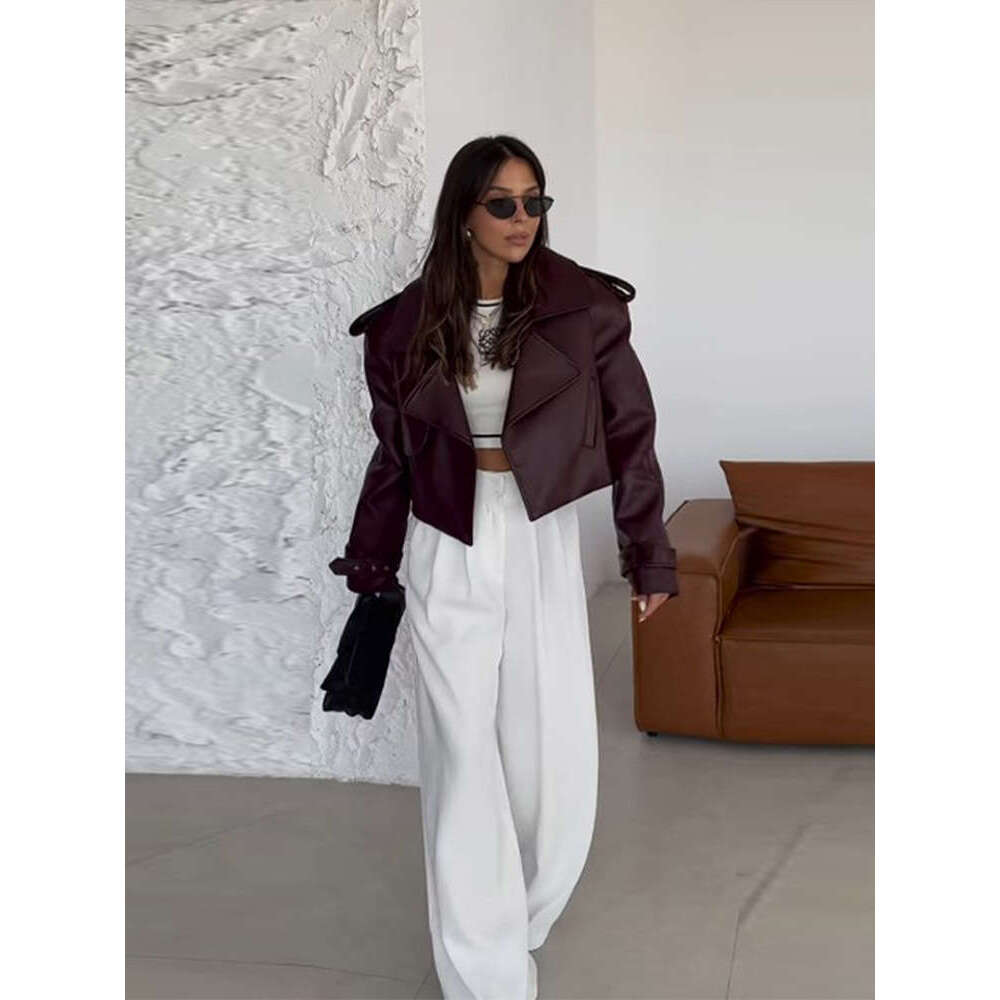 Women Bury Leather Turndown Collar Jacket Fashion Female Solid Casual Long Sleeves Jackets 2024 Autumn Lady Street Overcoat