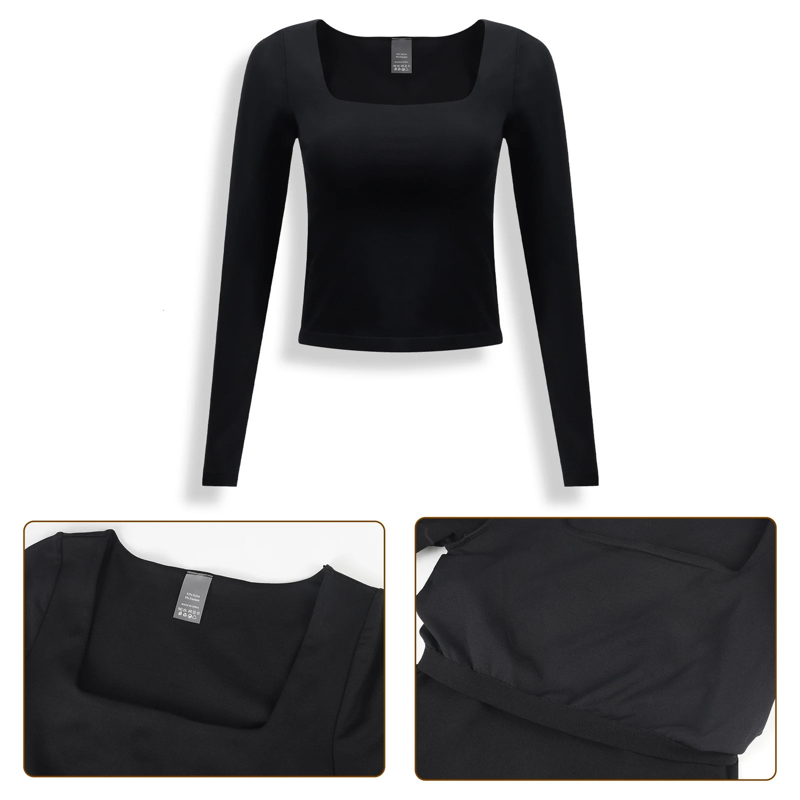 Women Black Crop Top Long Sleeve Square Neck Slim Fitted Y2K Casual Workout Basic TShirt Tops 241018