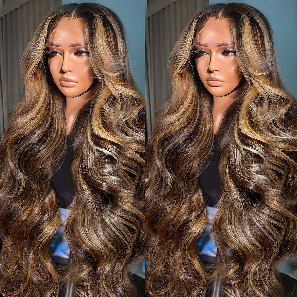 200 Density 427 Highlight Ombre 13X6 HD Frontal Body Wave Human Hair 13X4 Lace Front Wig 13X5 30 32Inch Brazilian Brown