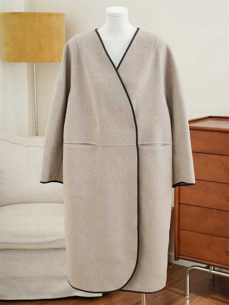 Womens Wool Blend Scarf Woolen Coat 2024 Winter Solid Color Long Sleeve Ladies Casual Loose Straight Warm Mid-Length JacketX241009