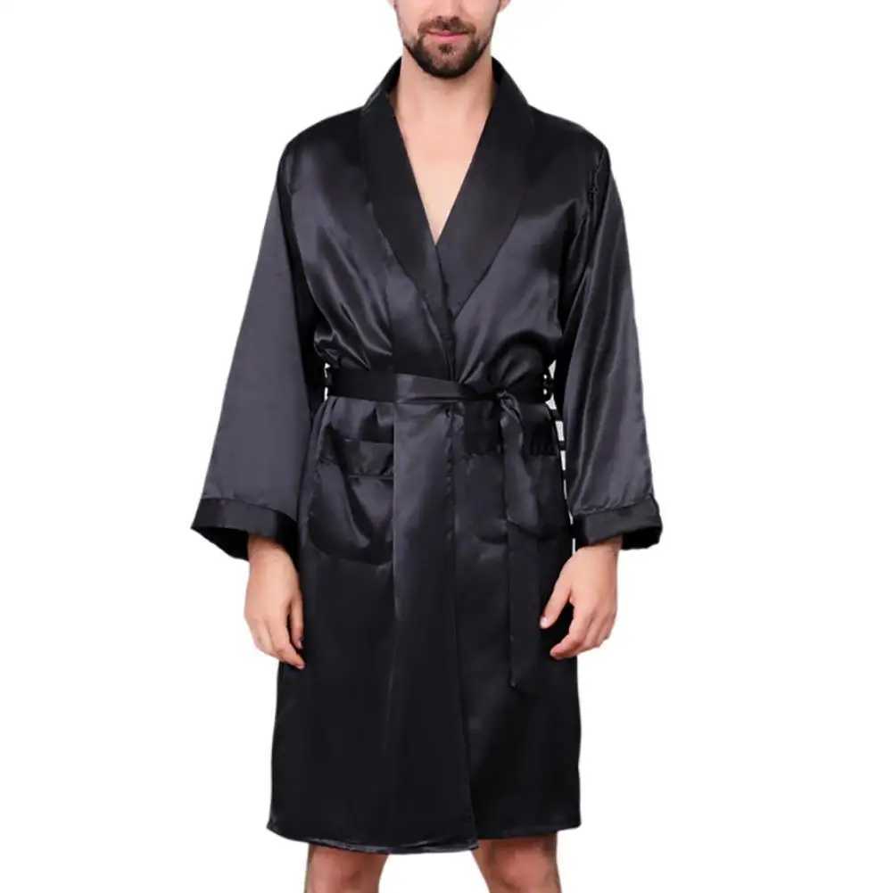 Summer Men Robe Imitation Silk with Pockets Waist Belt Bath Robe Home Gown SleepwearXJ241018