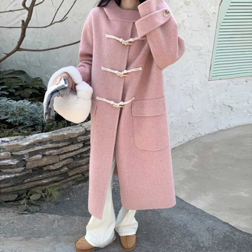 New Loose Horn Button Double-sided Woolen Coat Women Hooded Fashion Long Sleeve Real Woolen Coat Warm Outerwear Autumn WinterX241009
