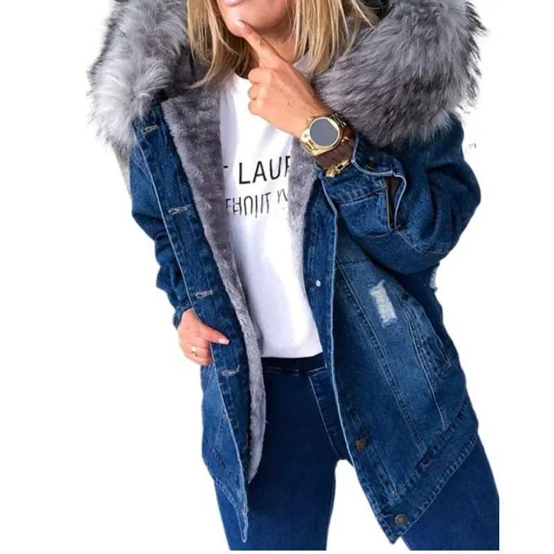 Winter Fur Jacket Women Denim Coats Faux Hooded Jean Thick Long Sleeve Frayed Overcoat Outwear Vintage Cotton Female CoatX241018