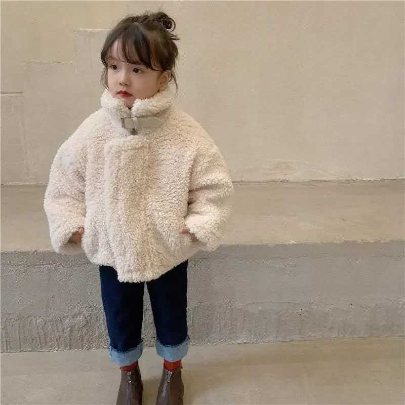 Girls wool coat thick autumn and winter plush high neck warm baby clothing Korean childrens clothing M241018