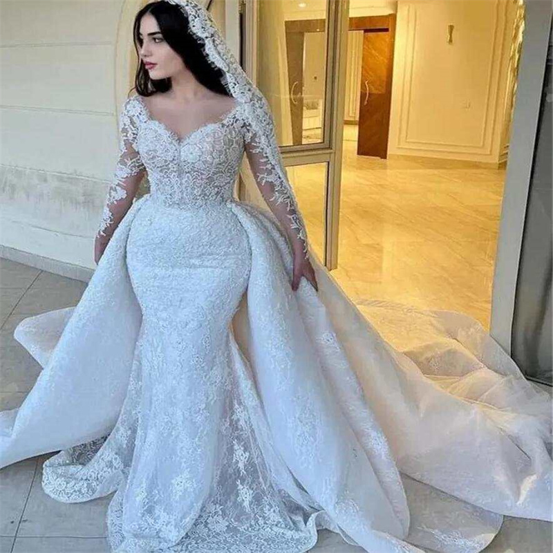 Gorgeous Mermaid Wedding Dresses With Overskirt Train Luxury Dubai Arabic Bridal Dress 2025 Lace Long Sleeve Church Bride Dress Vestio De Novia Romant