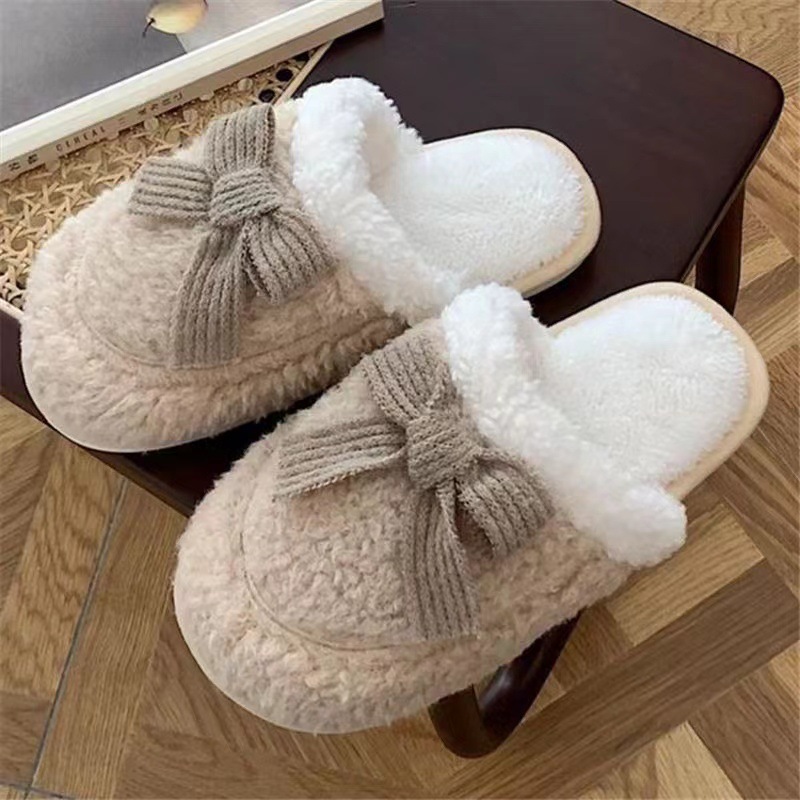 Cute Bow Slippers: Thick Bottom Anti-Slip Cotton Slippers for Couples
