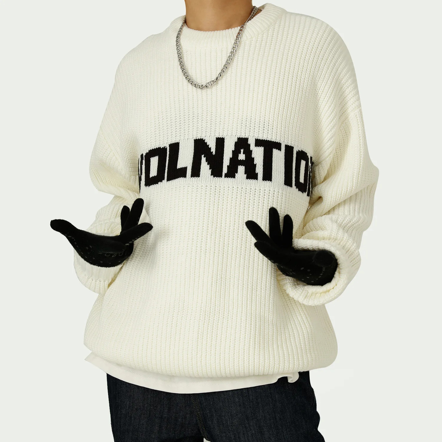 Hip Hop Mens Autumn Loose Knitted Round Neck Letter Sweater Pullover Long Sleeve Tops for Men 241018