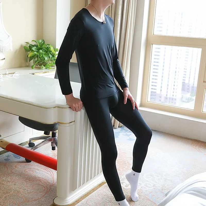 Men's Thermal Underwear Mens long Johns suit thin round neck silk breathable ultra-thin thermal underwear Leggins pajamas sexy Slpwear warm pants