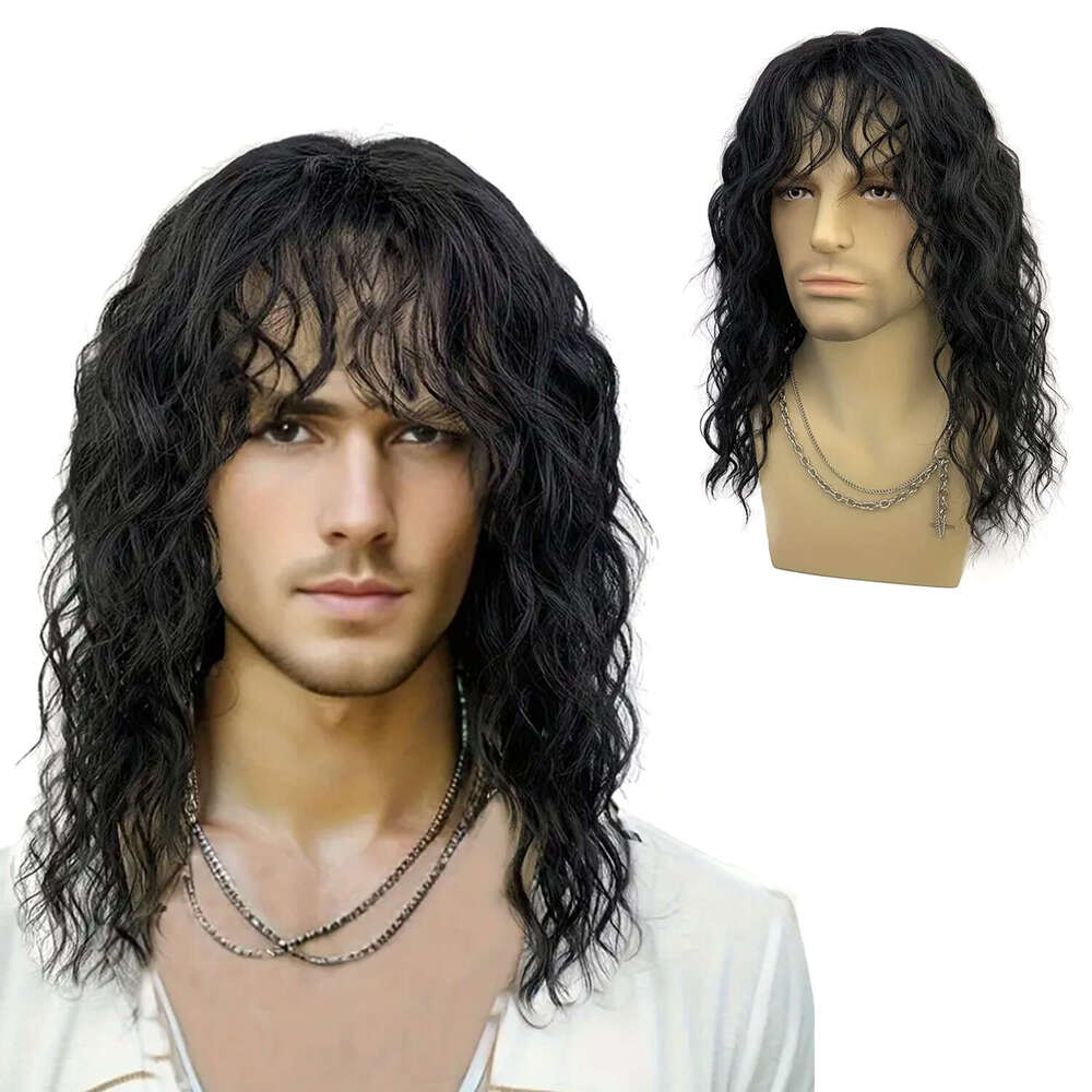 18 Inch Synthetic Rock Men/Women Black White Bangs Long Wavy Curly Party or Halloween Wig