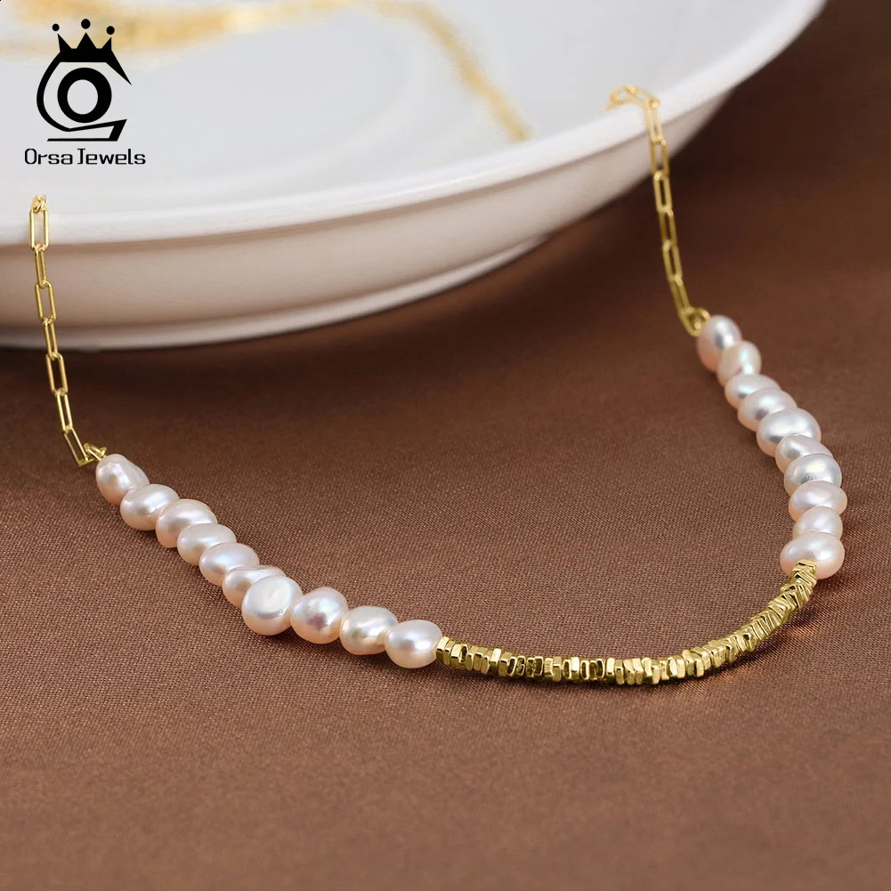 ORSA JEWELS Pearl Necklace 925 Pure Silver Chain 3.5-5mm Natural Freshwater Pearl Female Gold GPN68 241018