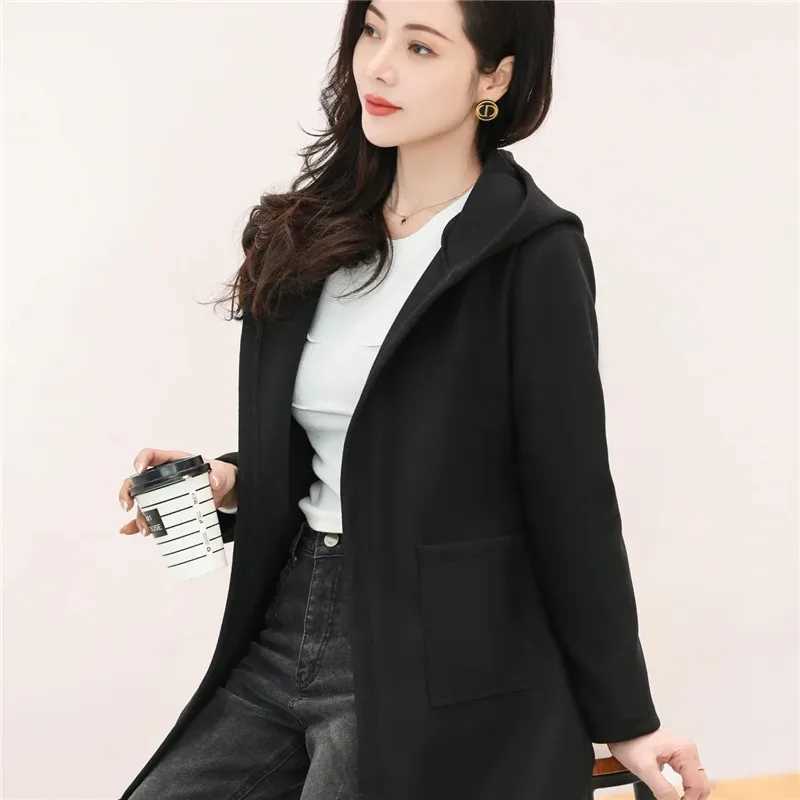 Woolen Coat Spring And Autumn New Korean Version Thin Brief Temperament Cardigan Woolen Ladies Jacket Medium Long Coats GirlX241009