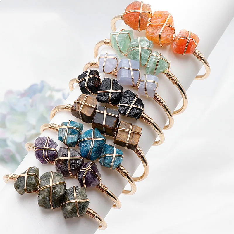 Reiki Natural Stone Cuff Bracelet Womens Coil Wrapped Irregular Ore Stone Amethyst Sapphire Crystal Treatment Bracelet 241018