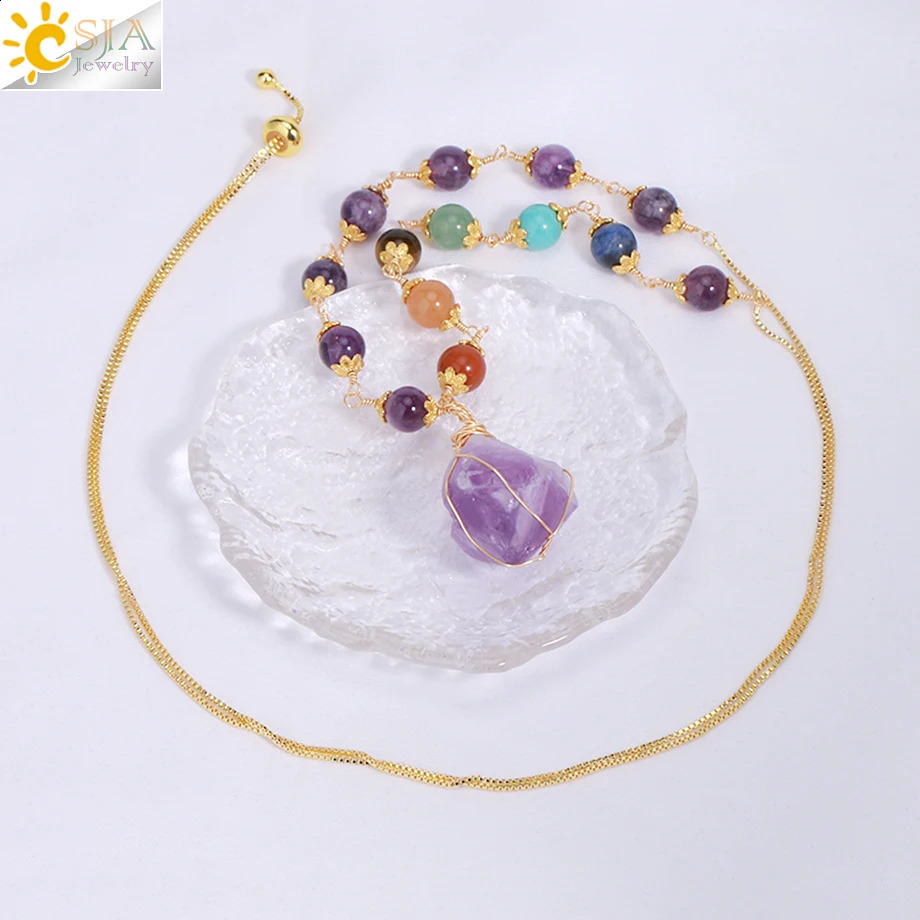 CSJA Treatment 7 Chakra Necklace Female Irregular Natural Stone Pendant Gold Stainless Steel Necklace Jewelry H175 241018