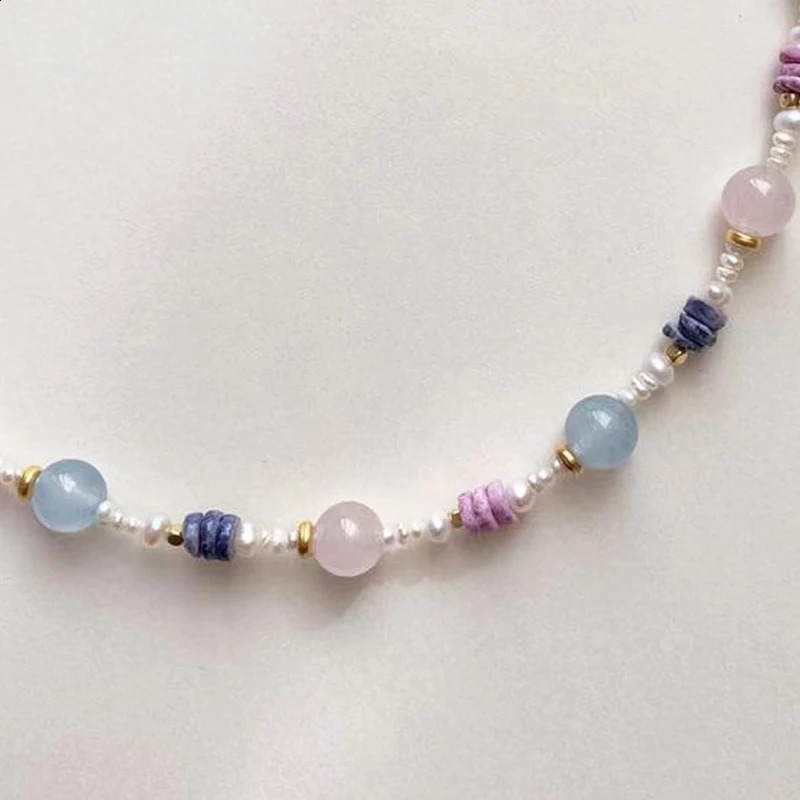 Summer Bohemian Natural Stone Necklace Mixed and Matched with Small Freshwater Pearls Exquisite Necklace Sweet Gold Plated Charm Jewelry 241018