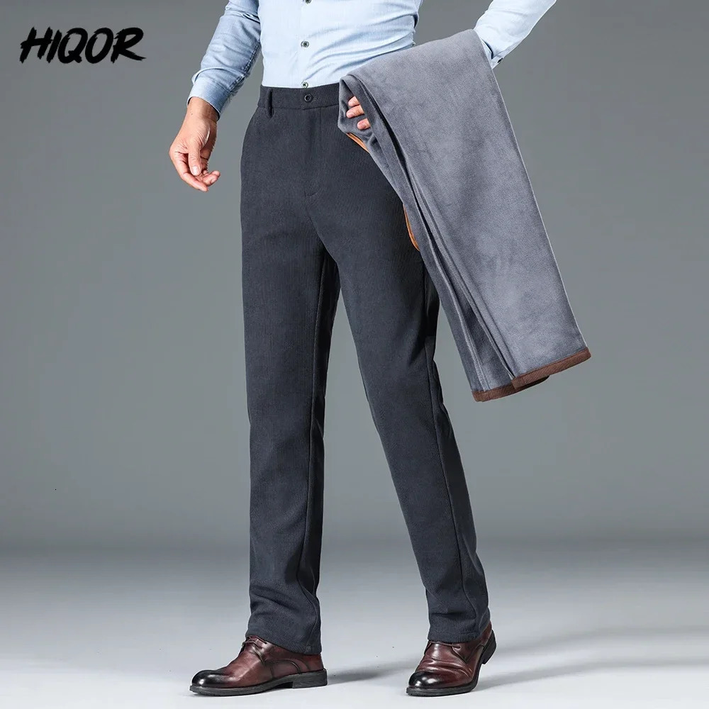 HIQOR Mens Casual Suit Pants Winter Thick Warm Gray Fleece Trousers for Men Business Straight Office Work Man 241018