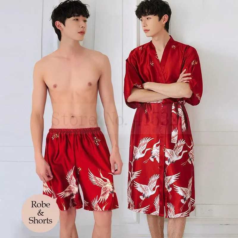 Men Satin Kimono Robe Set Nightwear Half Sleeve Print Crane Sleepwear Home Dressing Gown Loungewear Nightgown BathrobeXJ241018