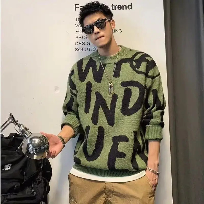 Pullover Man Letter Green Knitted Sweaters for Men Crewneck Loose Knitwear Round Collar Clothing Deals Fit Woven Top 241018