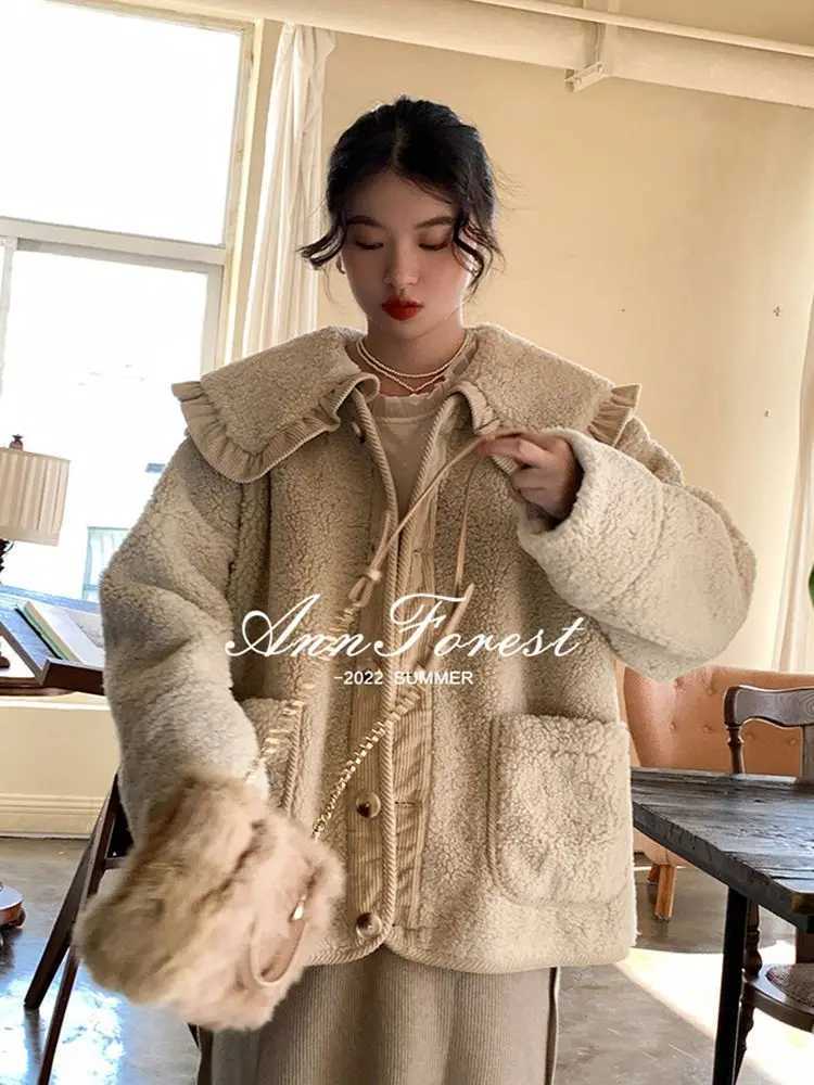 Loose Cute Lace Ruffled Collar Doll Plush Coat Wool Jacket Autumn Winter Lamb wool coatX241018
