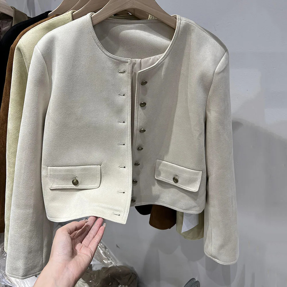 Spring Jacket Ladies French Small Fragrant Wind Suede Short Coat Womens Round Neck Solid Color Casual Tops Autumn Outwear 241018