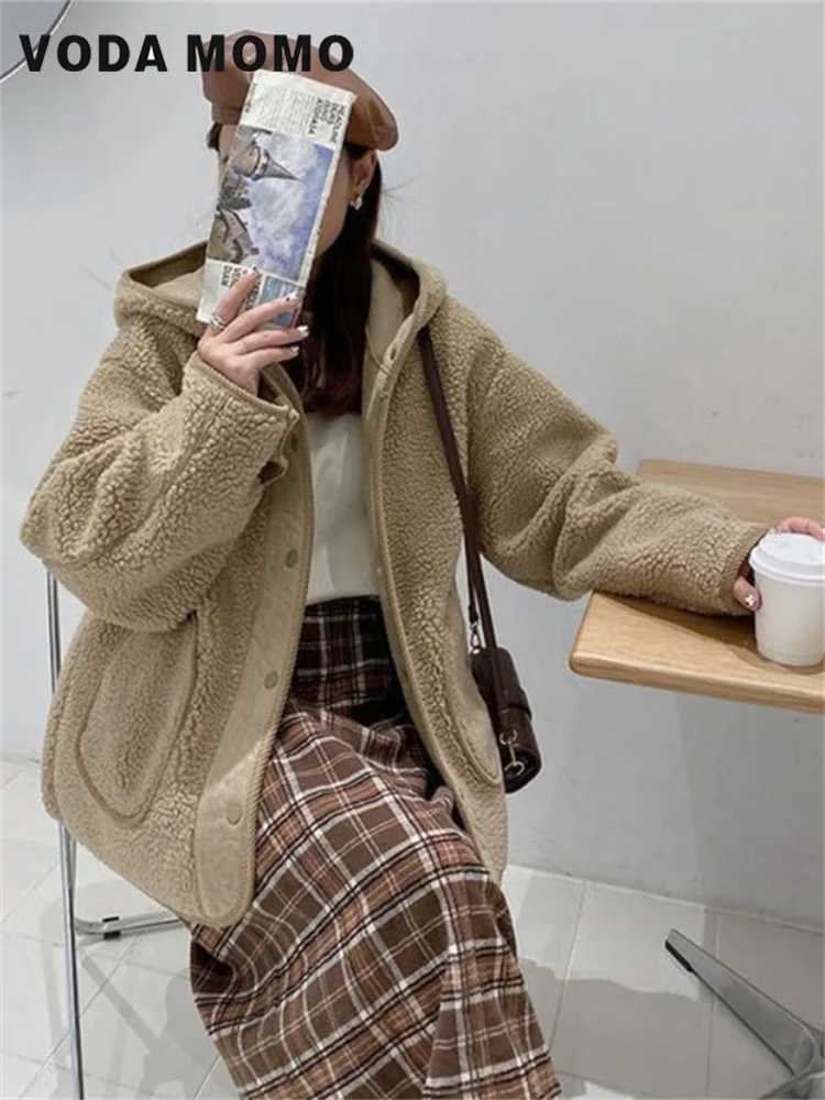 Womens Autumn Winter Loose Warm Lamb Coat Outerwear Female Ladies Cute Fashion Hooded Button Up Jacket Lamb Wool Coat BasicX241018