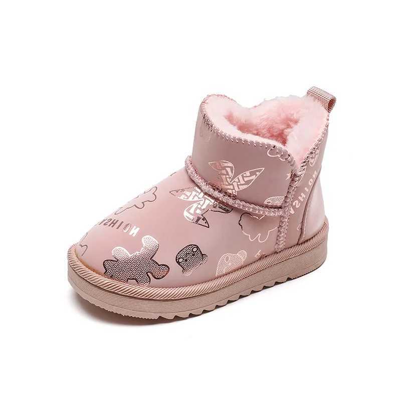Boots Fashionable girls winter thick boots warm childrens cotton shoes plush cute printed childrens snow boots soft sole non slip sports shoes H241018