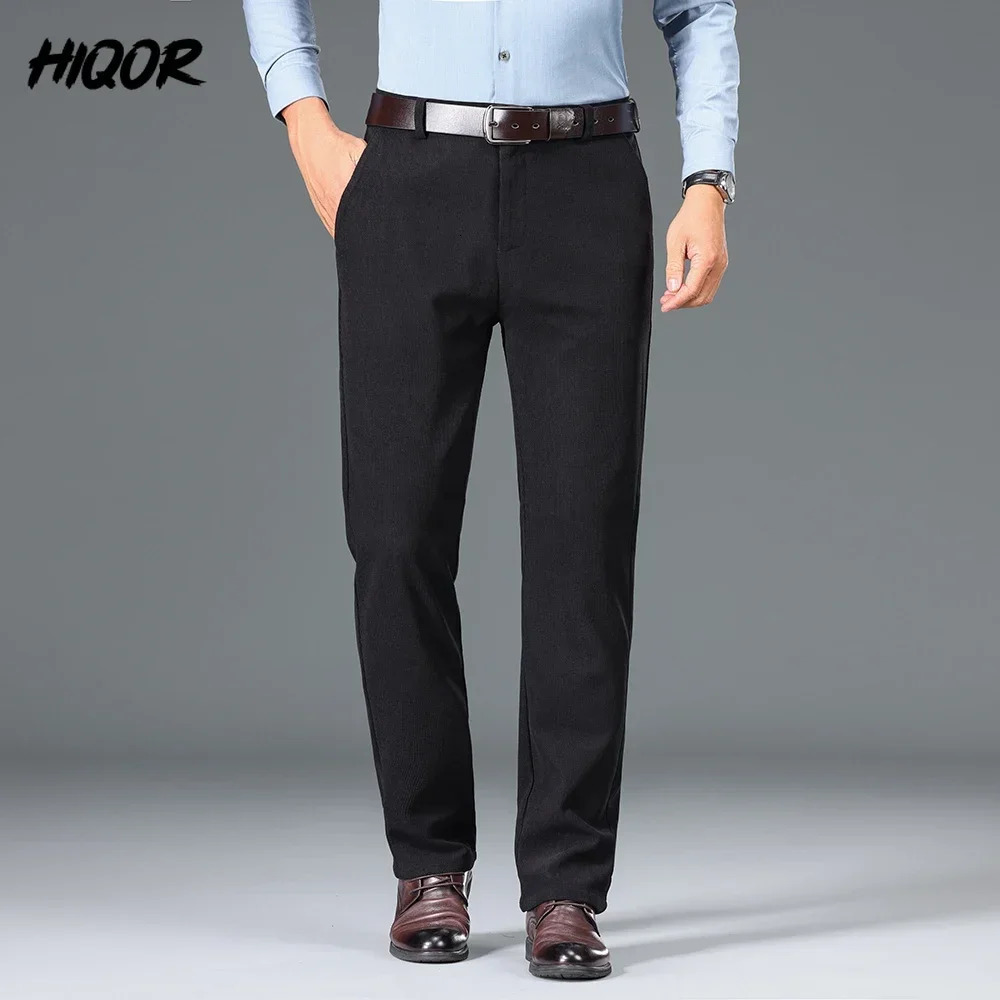 HIQOR Mens Casual Suit Pants Winter Thick Warm Gray Fleece Trousers for Men Business Straight Office Work Man 241018