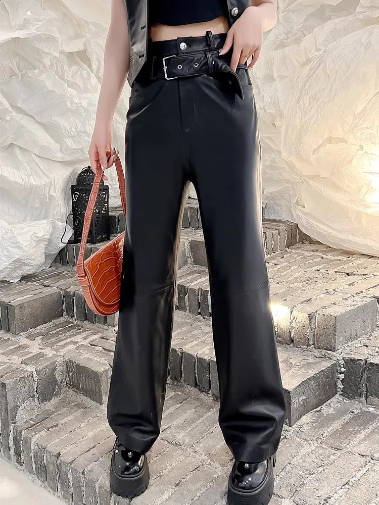 Autumn womens high waisted waistband wide leg straight pants sheepskin real leather pants casual street clothing long goods Trousers 4XL 241018