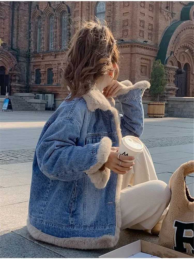 Korean Fashion Warm Lambwool Jean Jackets Women 2024 Thicken Plus Velvet Winter Outwear Casual Fleece Lined Oversized Denim CoatX241018