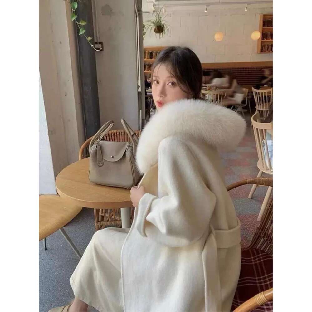Natural Fox Soft Woolen Coats Female 2024 New Design Hooded Fur Wool Outerwear Jackets With Belt Women's Overcoats