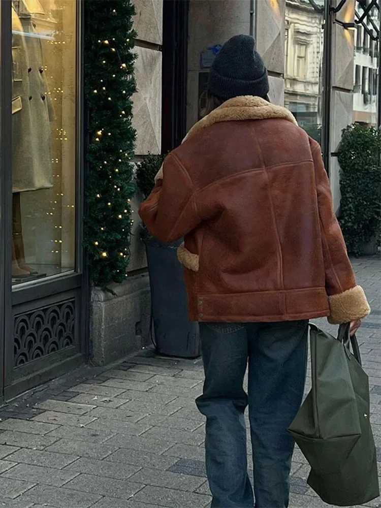 Retro Lapel Lamb Wool Lined With Thickened Suede Jacket Women Fashion Brown Long Sleeve Pocket Warm Coat Lady New Winter OutwearX241018